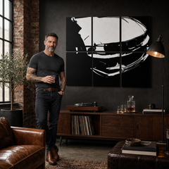 Ručno oslikana POP art slika BMV M3 od 3 dela BMV-a – слика у модерном мушком ентеријеру, lifestyle визуелизација. Доминантне боје: црна, бела.