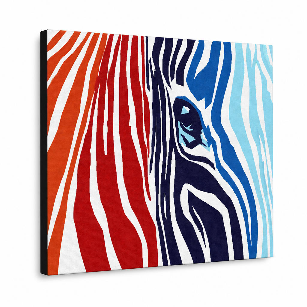 Ručno oslikana POP art slika BOJE 1 komad zebra – 3D визуелизација ручно осликаног платна на белој позадини. Доминантне боје: црвена, oranzová, плава, бела, црна.