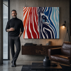 Ručno oslikana POP art slika BOJE 1 komad zebra – слика у модерном мушком ентеријеру, lifestyle визуелизација. Доминантне боје: црвена, oranzová, плава, бела, црна.