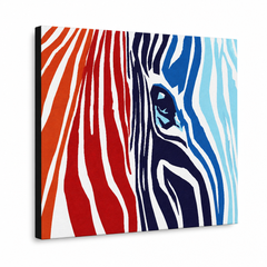 Ručno oslikana POP art slika BOJE 1 komad zebra – 3D визуелизација ручно осликаног платна на белој позадини. Доминантне боје: црвена, oranzová, плава, бела, црна.