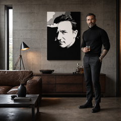 Ručno oslikana POP Art slika Bono-U2 1 komad bono – слика у модерном мушком ентеријеру, lifestyle визуелизација. Доминантне боје: црна, бела, сива.