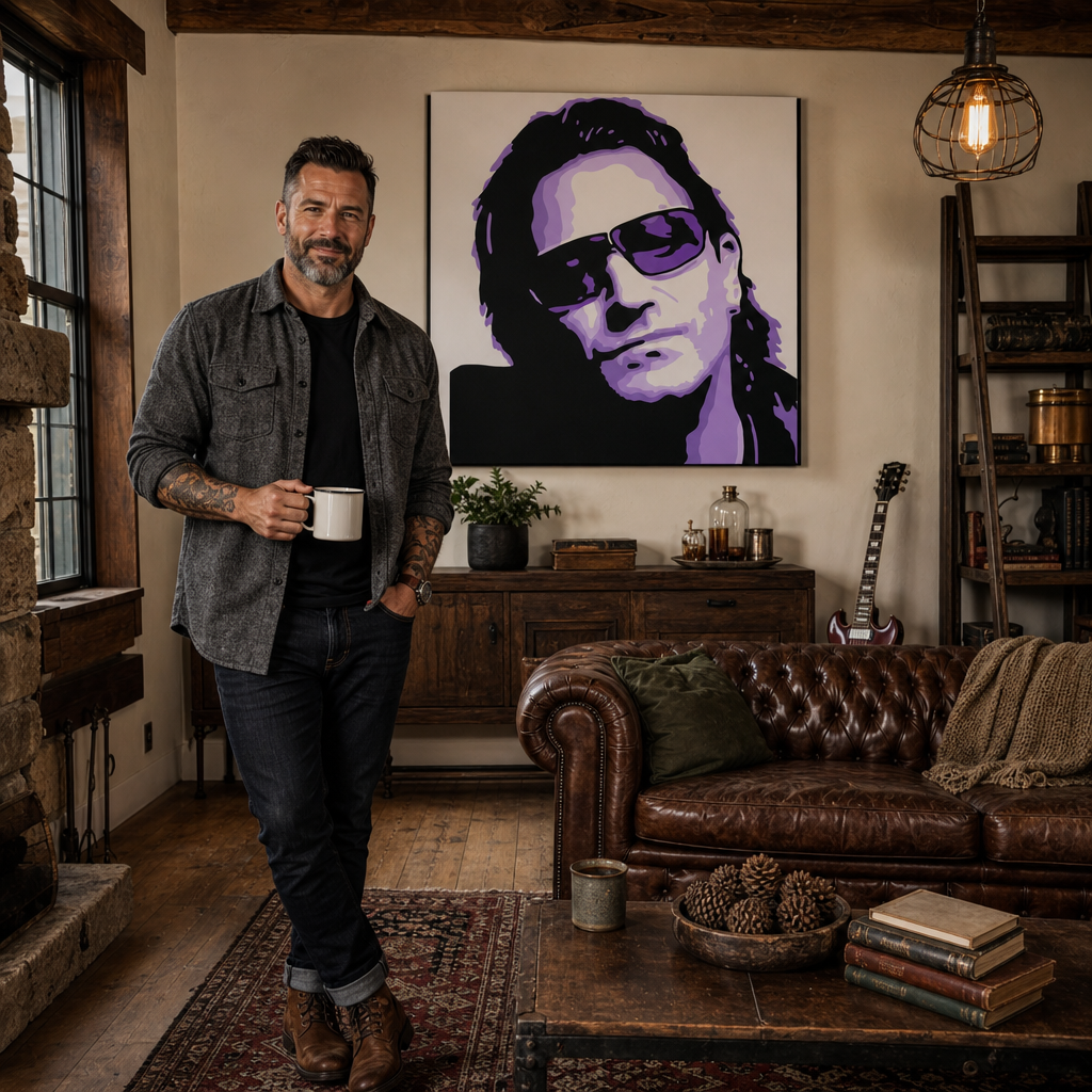 Ručno oslikana POP Art slika Bono-U2 1 komad bono3 – слика у модерном мушком ентеријеру, lifestyle визуелизација. Доминантне боје: црна, љубичаста, бела.