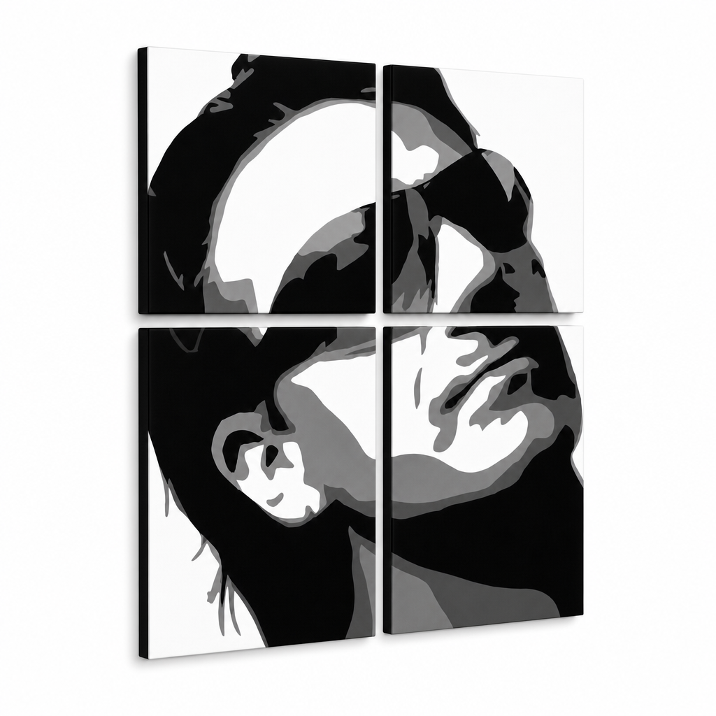Ručno oslikana POP art slika Bono-U2 od 4 dela bono2 – 3D визуелизација ручно осликаног платна на белој позадини. Доминантне боје: црна, бела, сива.