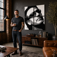 Ručno oslikana POP art slika Bono-U2 od 4 dela bono2 – слика у модерном мушком ентеријеру, lifestyle визуелизација. Доминантне боје: црна, бела, сива.