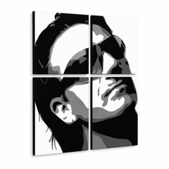 Ručno oslikana POP art slika Bono-U2 od 4 dela bono2 – 3D визуелизација ручно осликаног платна на белој позадини. Доминантне боје: црна, бела, сива.