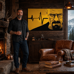 Ručno oslikana POP Art slika BREAKING BAD 1 komad brb2 – слика у модерном мушком ентеријеру, lifestyle визуелизација. Доминантне боје: жута, црна, смеђа.