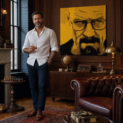 Ručno oslikana POP art slika Breaking Bad od 4 dela brb – слика у модерном мушком ентеријеру, lifestyle визуелизација. Доминантне боје: жута, црна, смеђа.