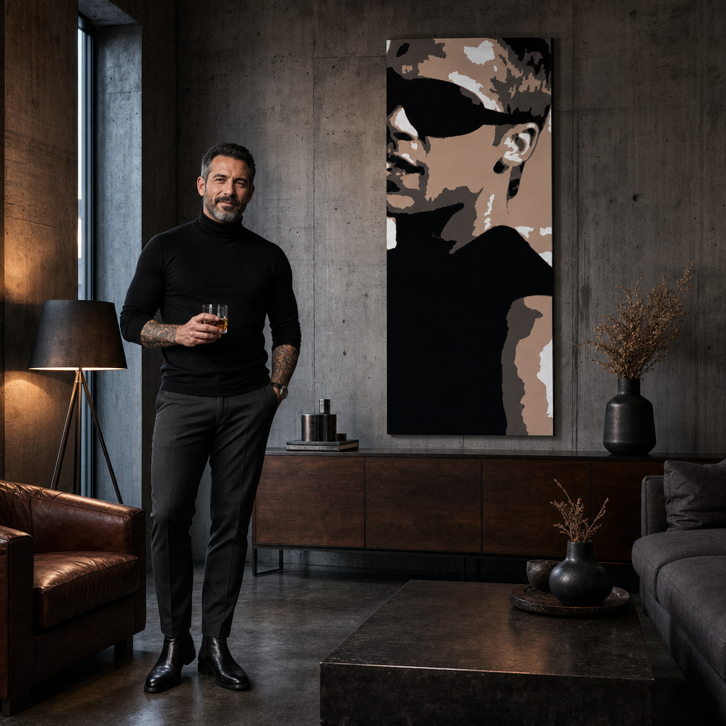Ručno oslikana POP art slika Bred Pit 1 komad bp – слика у модерном мушком ентеријеру, lifestyle визуелизација. Доминантне боје: црна, смеђа, бела.