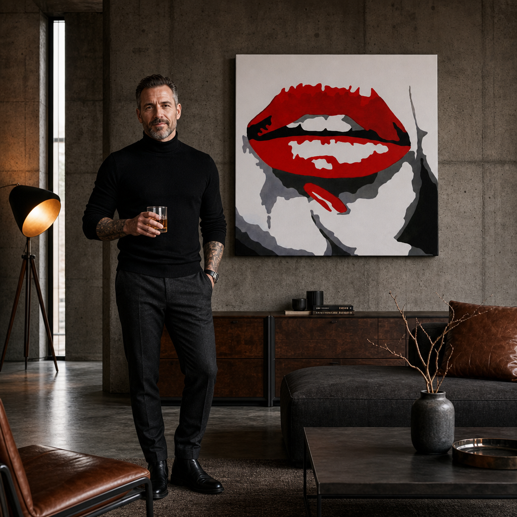 Ručno oslikana POP Art slika CRVENE USNE 1 komad mund – слика у модерном мушком ентеријеру, lifestyle визуелизација. Доминантне боје: црвена, црна, бела.