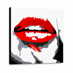 Ručno oslikana POP Art slika CRVENE USNE 1 komad mund – 3D визуелизација ручно осликаног платна на белој позадини. Доминантне боје: црвена, црна, бела.