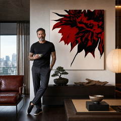Ručno oslikana POP art slika CVET od 3 dela – слика у модерном мушком ентеријеру, lifestyle визуелизација. Доминантне боје: црна, црвена, наранџаста.