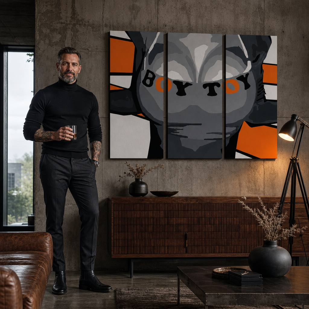 Ručno oslikana POP art slika dečak igračka od 3 dela – слика у модерном мушком ентеријеру, lifestyle визуелизација. Доминантне боје: црна, наранџаста, сива.