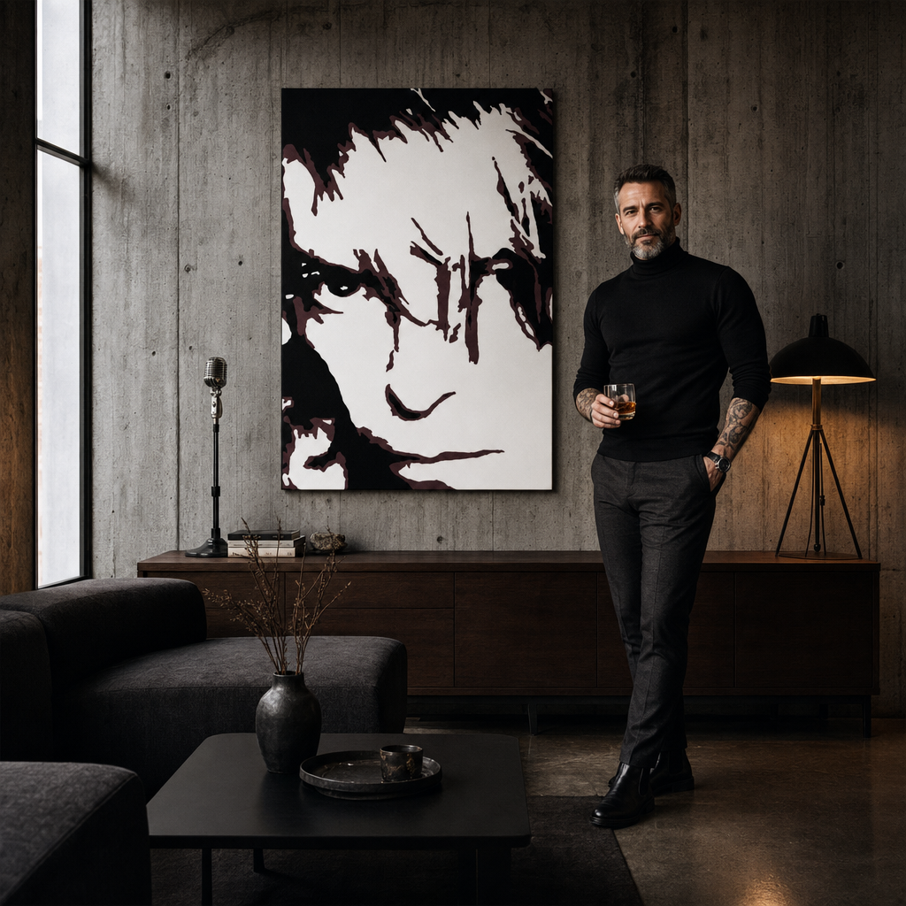 Ručno oslikana POP art slika Dejvida Bouvija 1 komad db – слика у модерном мушком ентеријеру, lifestyle визуелизација. Доминантне боје: црна, смеђа, бела.