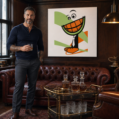 Ručno oslikana POP Art slika DINjA 1 komad dinje – слика у модерном мушком ентеријеру, lifestyle визуелизација. Доминантне боје: наранџаста, зелена, црна, бела, смеђа.