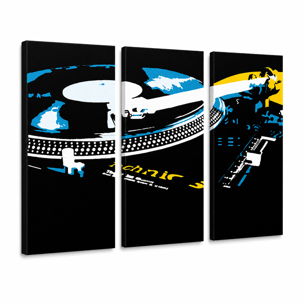 Ručno oslikana POP art slika DJ od 3 dela dj3 – 3D визуелизација ручно осликаног платна на белој позадини. Доминантне боје: црна, плава, жута, бела.