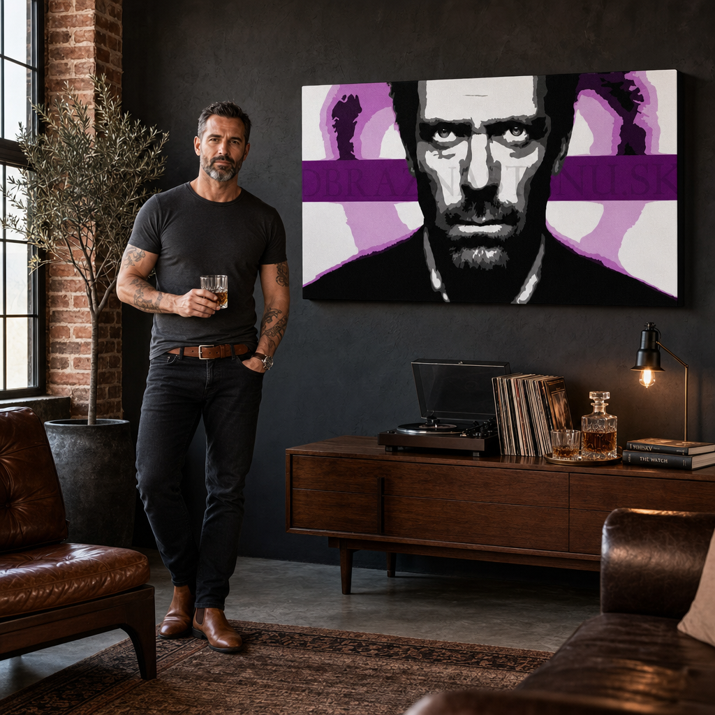 Ručno oslikana POP Art slika Dr. HAUS 1 komad 1010 dh – слика у модерном мушком ентеријеру, lifestyle визуелизација. Доминантне боје: црна, бела, љубичаста, розе, сива.