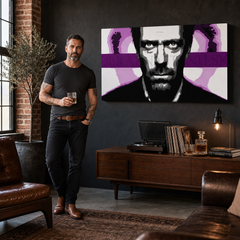 Ručno oslikana POP Art slika Dr. HAUS 1 komad 1010 dh – слика у модерном мушком ентеријеру, lifestyle визуелизација. Доминантне боје: црна, бела, љубичаста, розе, сива.