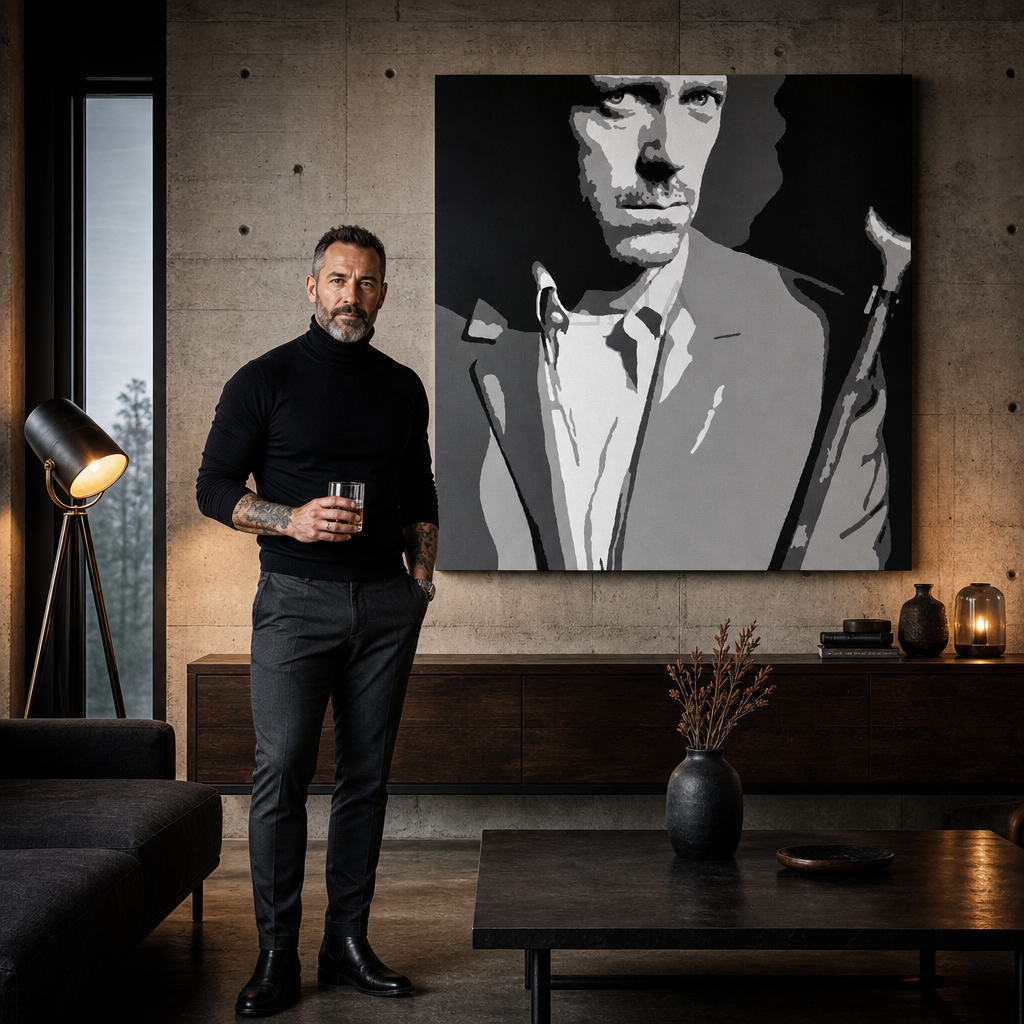 Ručno oslikana POP Art slika Dr. HAUS 1 komad dh2 – слика у модерном мушком ентеријеру, lifestyle визуелизација. Доминантне боје: црна, бела, сива.