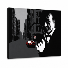 Ručno oslikana POP art slika Džejms Bond 1 deo bond3 – 3D визуелизација ручно осликаног платна на белој позадини. Доминантне боје: црна, сива, црвена.