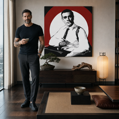 Ručno oslikana POP art slika Džejms Bond 1 deo bond4 – слика у модерном мушком ентеријеру, lifestyle визуелизација. Доминантне боје: црна, бела, црвена.