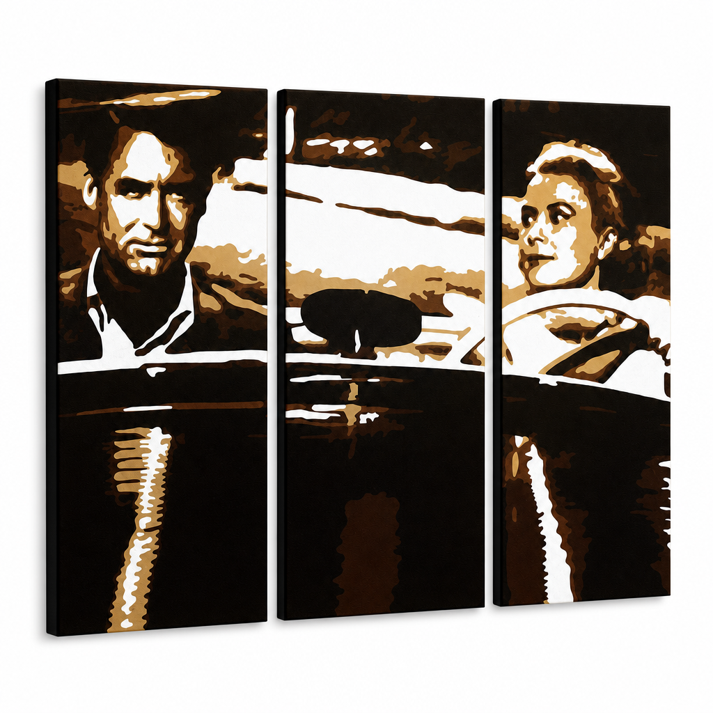 Ručno oslikana POP art slika Džejms Bond od 3 dela bond1 – 3D визуелизација ручно осликаног платна на белој позадини. Доминантне боје: црна, смеђа, бела.