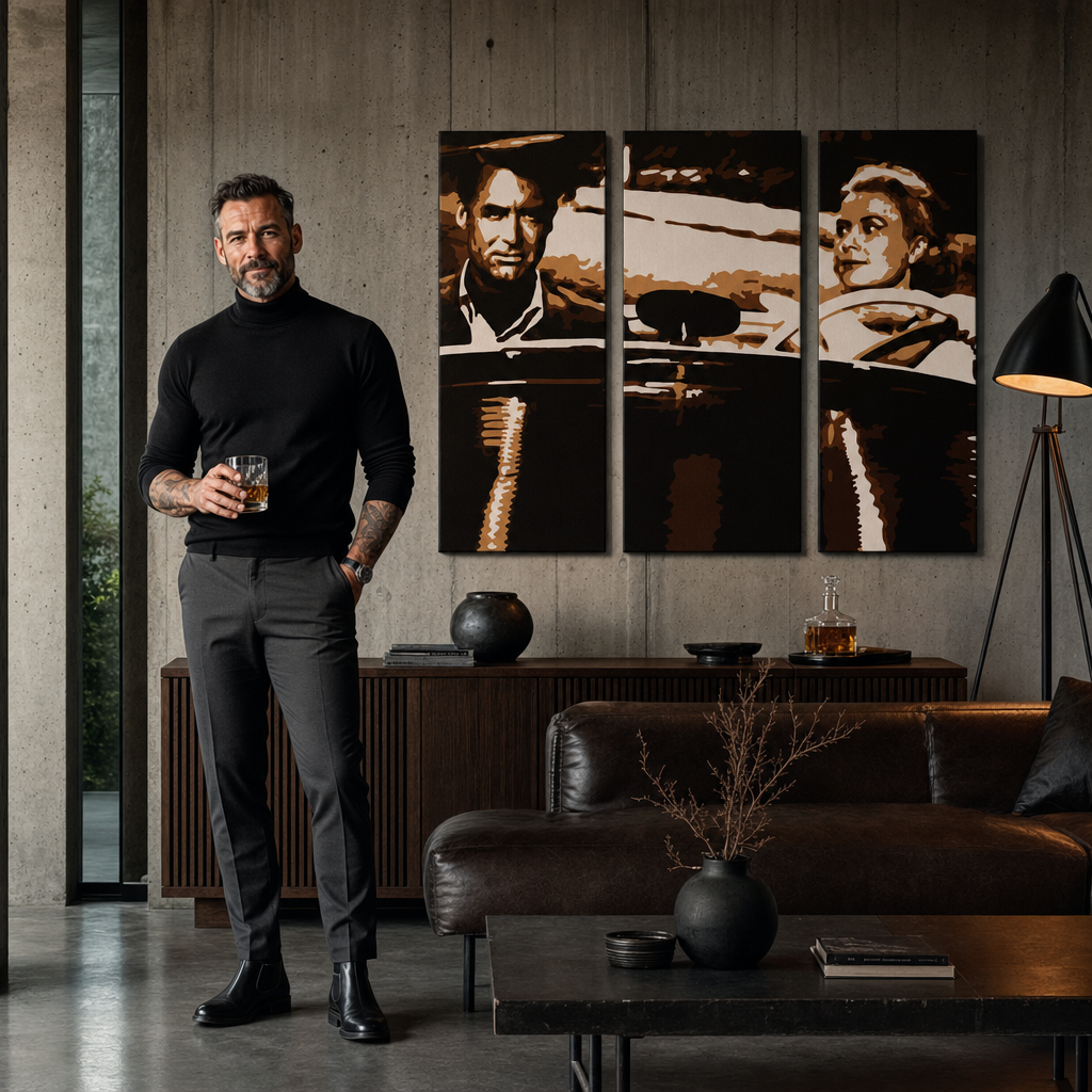 Ručno oslikana POP art slika Džejms Bond od 3 dela bond1 – слика у модерном мушком ентеријеру, lifestyle визуелизација. Доминантне боје: црна, смеђа, бела.
