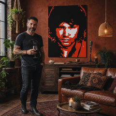 Ručno oslikana POP art slika Džim Morison 1 komad jm2 – слика у модерном мушком ентеријеру, lifestyle визуелизација. Доминантне боје: црна, црвена, бела.