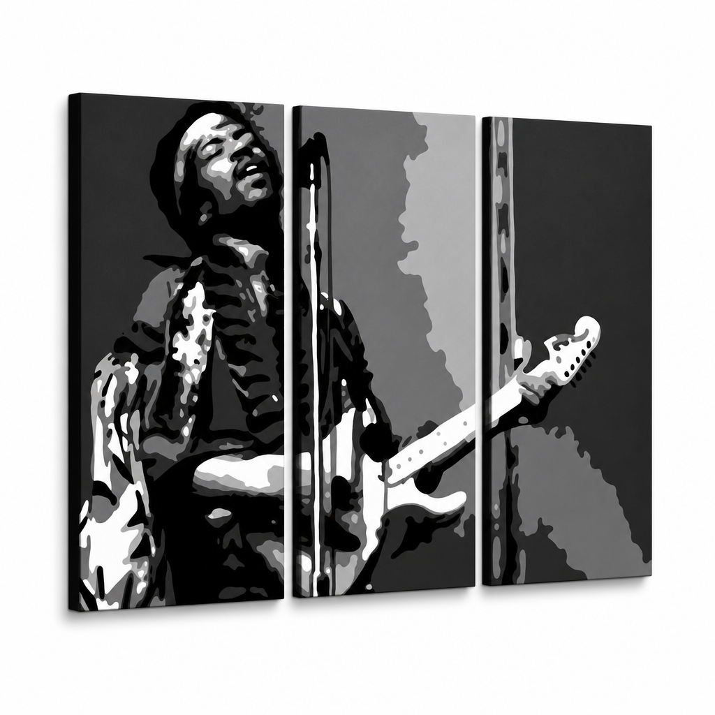 Ručno oslikana POP art slika Džimi Hendriks od 3 dela jh – 3D визуелизација ручно осликаног платна на белој позадини. Доминантне боје: црна, бела, сива.