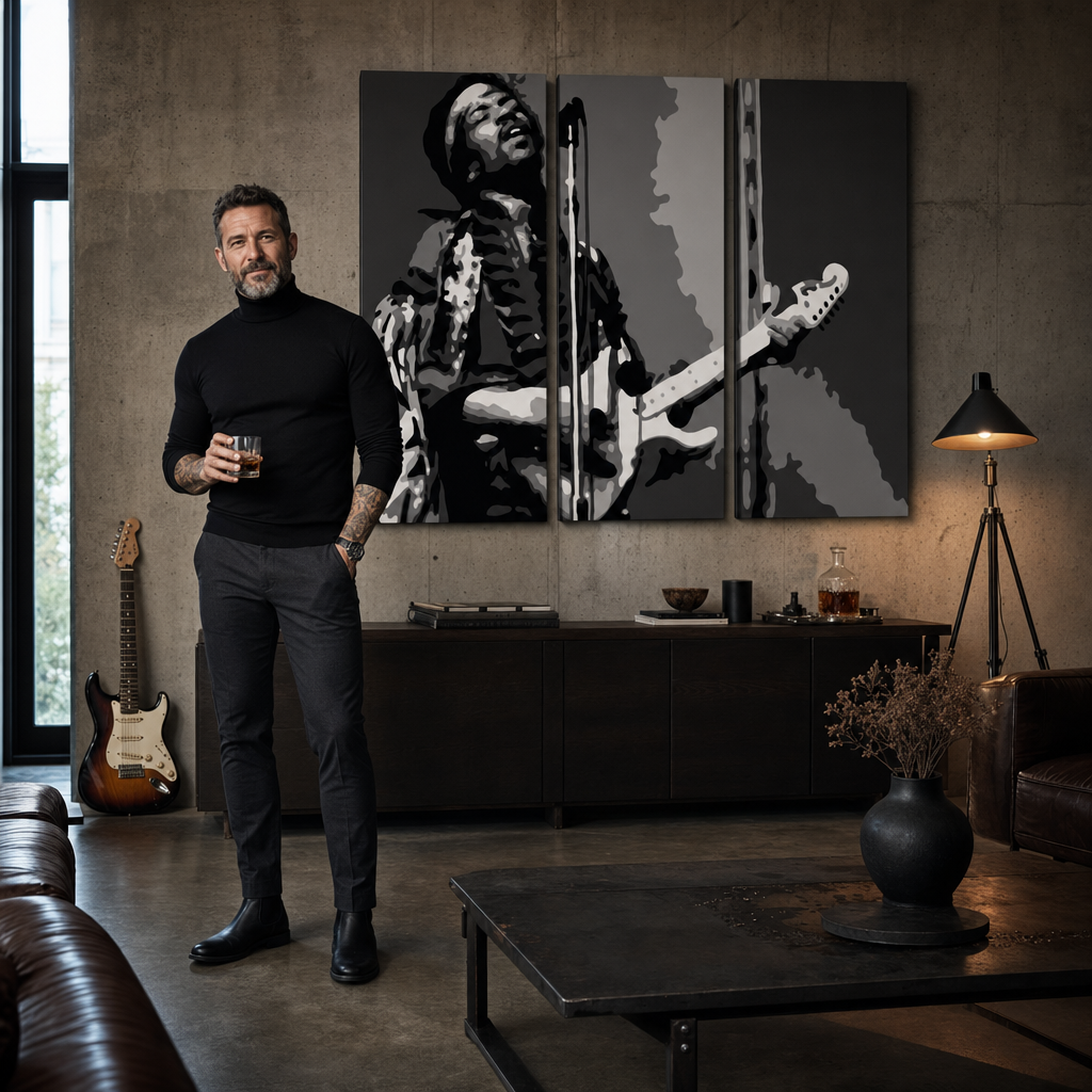 Ručno oslikana POP art slika Džimi Hendriks od 3 dela jh – слика у модерном мушком ентеријеру, lifestyle визуелизација. Доминантне боје: црна, бела, сива.