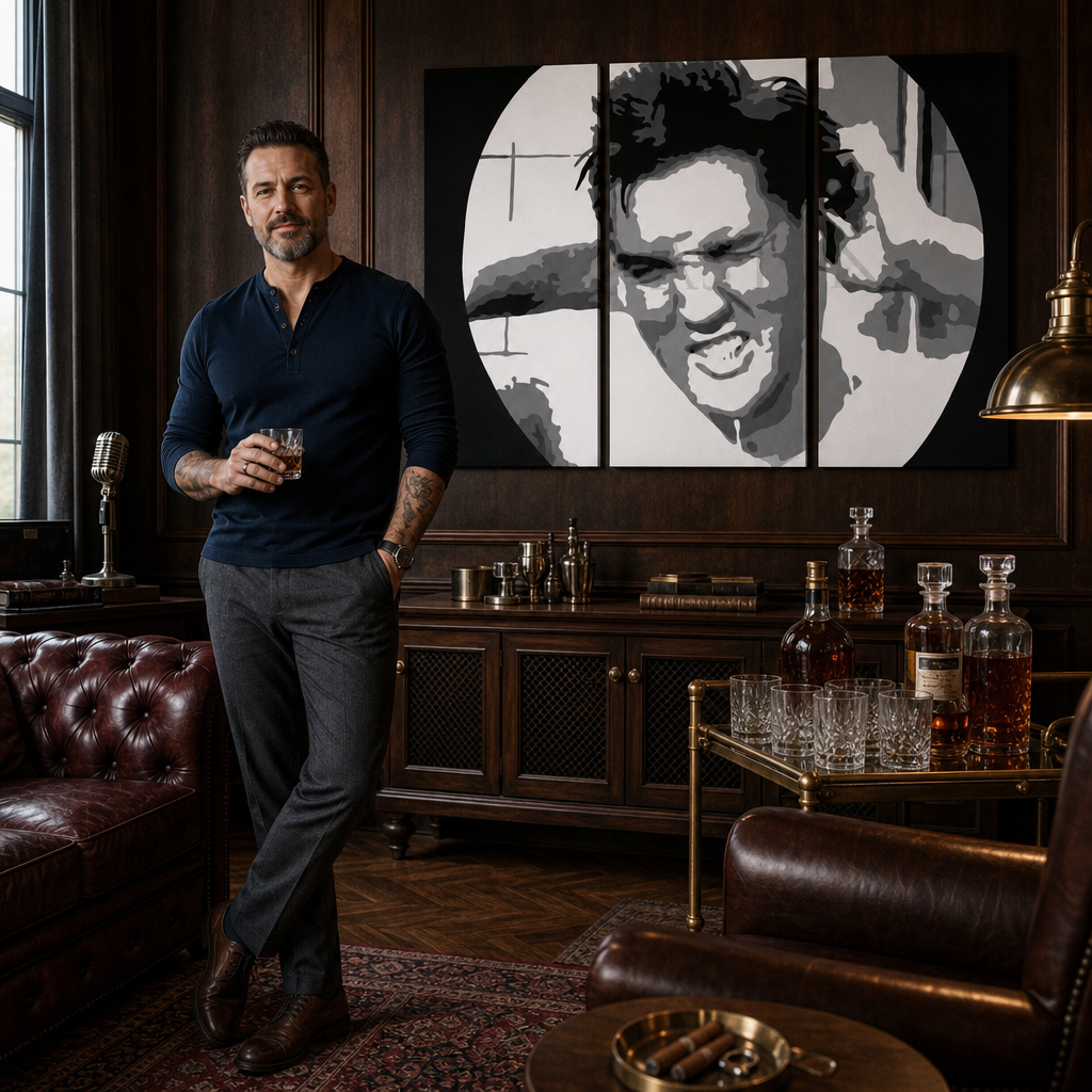 Ručno oslikana POP art slika ELVIS od 3 dela el2 – слика у модерном мушком ентеријеру, lifestyle визуелизација. Доминантне боје: црна, бела, жута.