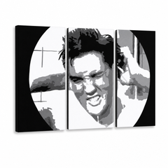 Ručno oslikana POP art slika ELVIS od 3 dela el2 – 3D визуелизација ручно осликаног платна на белој позадини. Доминантне боје: црна, бела, жута.
