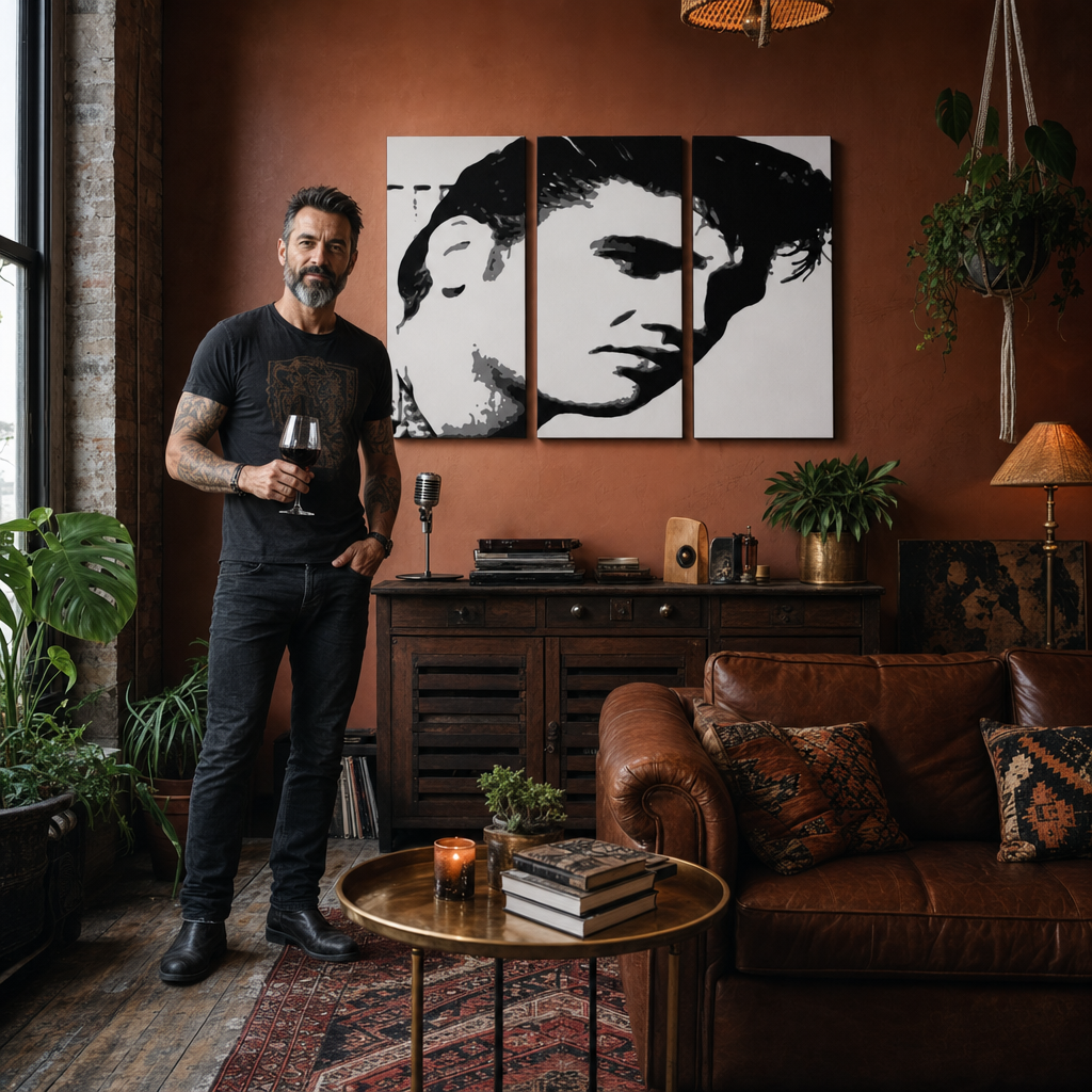 Ručno oslikana POP art slika ELVIS od 3 dela – слика у модерном мушком ентеријеру, lifestyle визуелизација. Доминантне боје: црна, бела, сива.