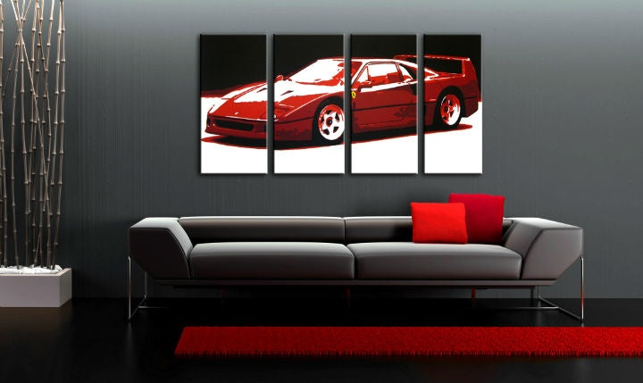 Pop art slika na platnu s motivom FERRARI F40 4 delni fer, automobil, priroda u belo-crvenih nijansama okačena u enterijeru dnevnog boravka, luksuzan utisak – enterijer