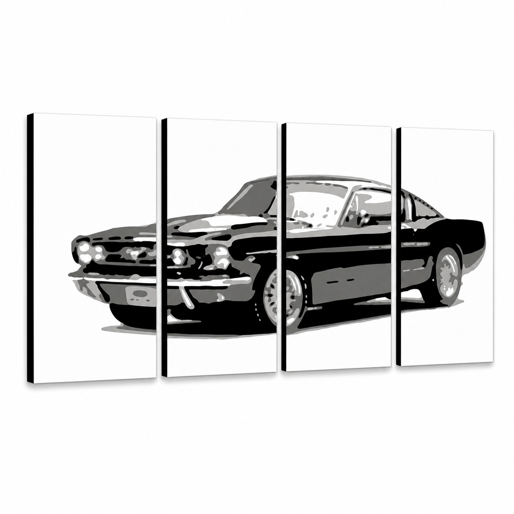 Ručno oslikana POP art slika Ford Mustang, 4 dela, FM – 3D визуелизација ручно осликаног платна на белој позадини. Доминантне боје: црна, сива, бела.