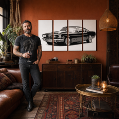 Ručno oslikana POP art slika Ford Mustang, 4 dela, FM – слика у модерном мушком ентеријеру, lifestyle визуелизација. Доминантне боје: црна, сива, бела.
