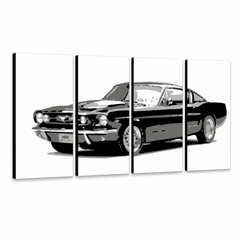 Ručno oslikana POP art slika Ford Mustang, 4 dela, FM – 3D визуелизација ручно осликаног платна на белој позадини. Доминантне боје: црна, сива, бела.