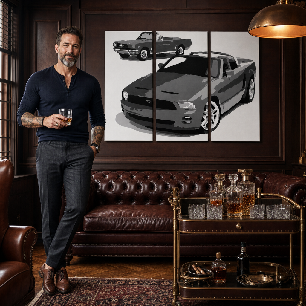 Ručno oslikana POP art slika FORD MUSTANG od 3 dela fm2 – слика у модерном мушком ентеријеру, lifestyle визуелизација. Доминантне боје: црна, бела, сива.