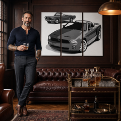 Ručno oslikana POP art slika FORD MUSTANG od 3 dela fm2 – слика у модерном мушком ентеријеру, lifestyle визуелизација. Доминантне боје: црна, бела, сива.