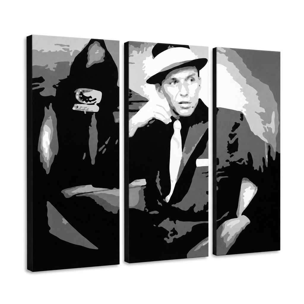 Ručno oslikana POP art slika Frenk Sinatra greh od 3 dela – 3D визуелизација ручно осликаног платна на белој позадини. Доминантне боје: црна, бела, сива.