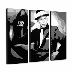 Ručno oslikana POP art slika Frenk Sinatra greh od 3 dela – 3D визуелизација ручно осликаног платна на белој позадини. Доминантне боје: црна, бела, сива.