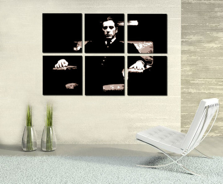 Ručno slikan slika na platnu s motivom GODFATHER u crno-belih nijansama, dramatična atmosfera, minimalizam | Ručno slikan POP Art slika GODFATHER – glavna