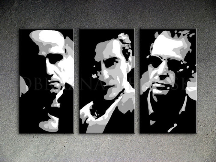 Ručno slikan slika na platnu s motivom GODFATHER u crno-belih nijansama, dramatična atmosfera, minimalizam | Ručno slikan POP Art slika GODFATHER – proizvod [YOBPPGOD2-120X80-24H]