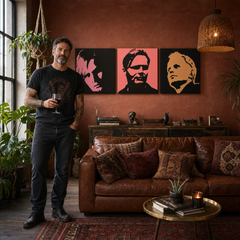 Ručno oslikana POP art slika Herbert Gronemajer 3 dela hg – слика у модерном мушком ентеријеру, lifestyle визуелизација. Доминантне боје: црна, розе, наранџаста.