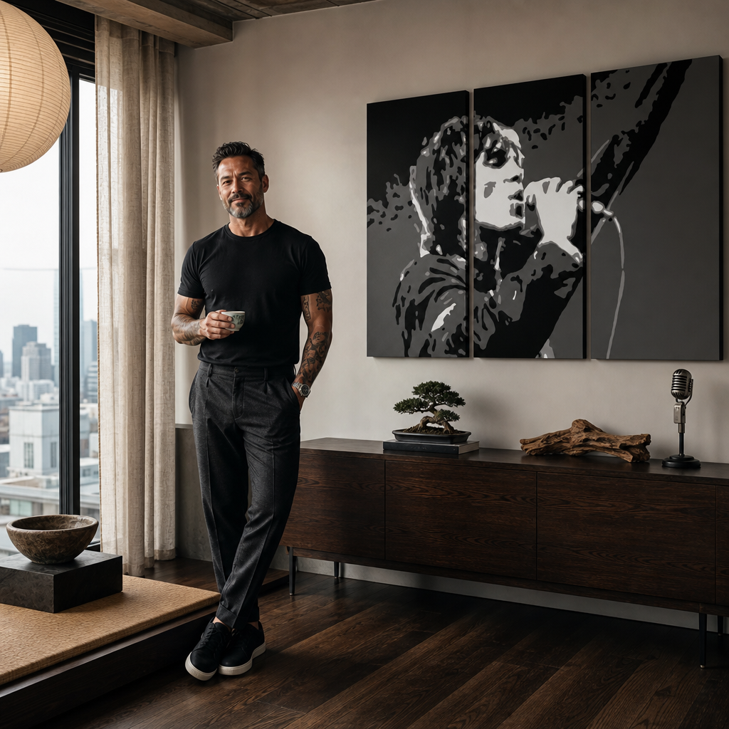 Ručno oslikana POP art slika Ijan Braun, 3 dela ib2 – слика у модерном мушком ентеријеру, lifestyle визуелизација. Доминантне боје: црна, бела, сива.