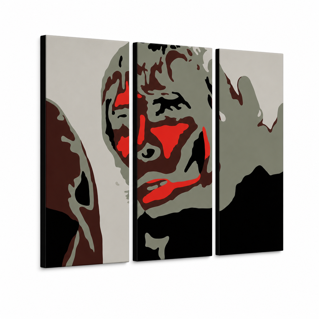 Ručno oslikana POP art slika Ijan Braun, 3 dela, ibb – 3D визуелизација ручно осликаног платна на белој позадини. Доминантне боје: црна, црвена, сива, смеђа, бела.