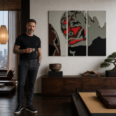 Ručno oslikana POP art slika Ijan Braun, 3 dela, ibb – слика у модерном мушком ентеријеру, lifestyle визуелизација. Доминантне боје: црна, црвена, сива, смеђа, бела.