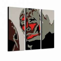 Ručno oslikana POP art slika Ijan Braun, 3 dela, ibb – 3D визуелизација ручно осликаног платна на белој позадини. Доминантне боје: црна, црвена, сива, смеђа, бела.