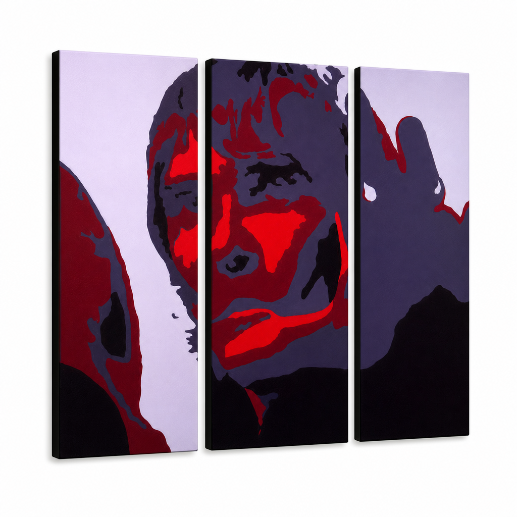Ručno oslikana POP art slika Ijan Braun od 3 dela ib – 3D визуелизација ручно осликаног платна на белој позадини. Доминантне боје: црна, црвена, сива.