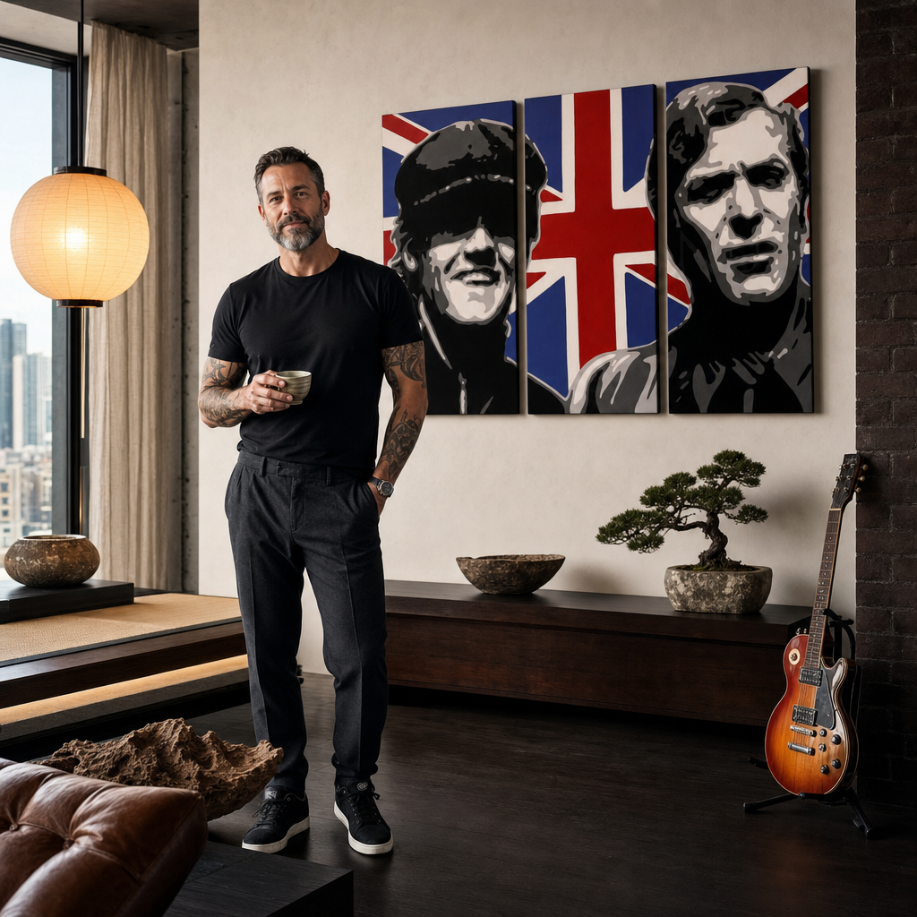 Ručno oslikana POP art slika Italijanski posao od 3 dela ij – слика у модерном мушком ентеријеру, lifestyle визуелизација. Доминантне боје: црна, бела, плава, црвена, смеђа.