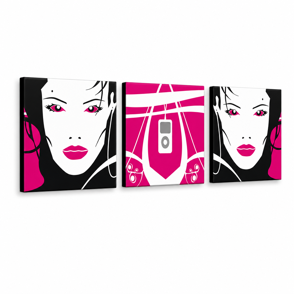 Ručno oslikana POP art slika Ja-DEVOJKA od 3 dela – 3D визуелизација ручно осликаног платна на белој позадини. Доминантне боје: розе, црна, бела, сива.